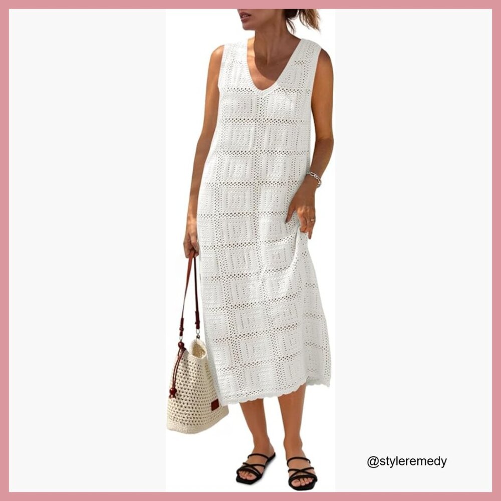 Crochet Sleeveless Midi Dress V Neck Boho Knit Cover Up Beach